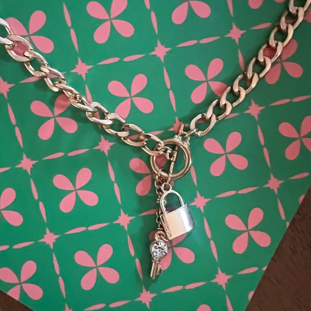 Gold Chain Charm Necklace with Padlock & Key